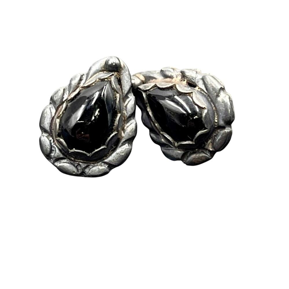 Rb Signed Sterling silver Black Onyx Southwestern Native American Stud earrings